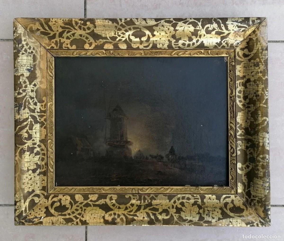 Arte: Pintura al &oacute;leo antigua que representa un paisaje nocturno de un pueblo.