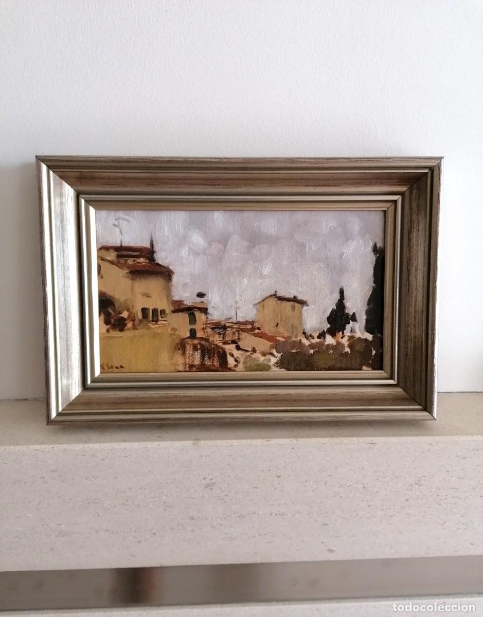 Arte: Pintura al &oacute;leo con vista de la ciudad antigua, probablemente Florencia, firmada por N Sowa.
