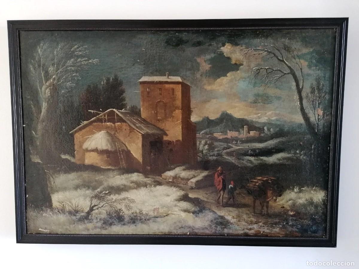 Arte: Pintura al &oacute;leo antigua, paisaje invernal arcaico.