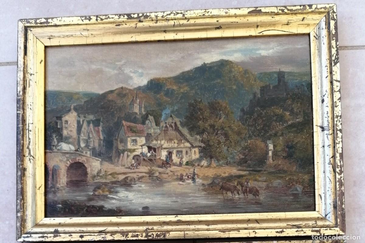 Arte: Pintura al &oacute;leo antigua: paisaje de pueblo de verano