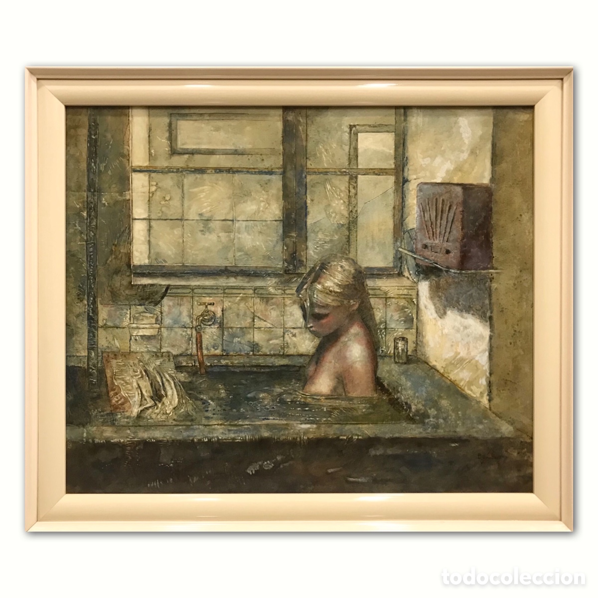 Arte: &rdquo;Desnudo Femenino en Ba&ntilde;o&rdquo; Juan Rodr&iacute;guez Borobio (1936-?), Segunda Mitad del S.XX, 74x63cm