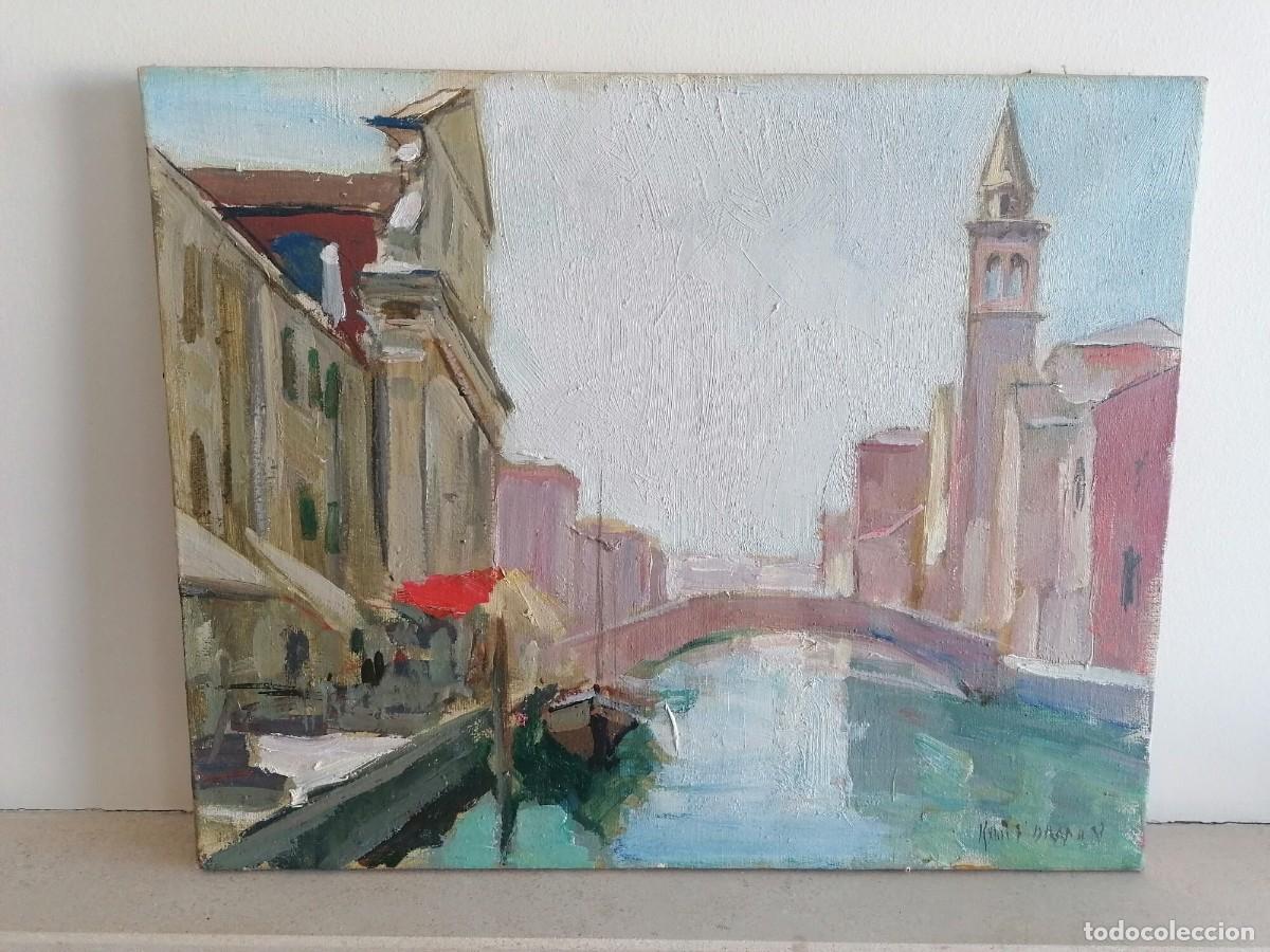 Arte: Knut Norman, Suecia (1896 - 1977), pintura al &oacute;leo que representa una escena de un canal en Venecia.