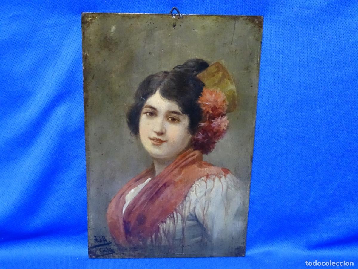 Arte: &Oacute;LEO SOBRE GABLA FIRMADO A DE H CADIZ. RETRATO DE GRAN CALIDAD SOBRE FINALES SIGLO XIX.