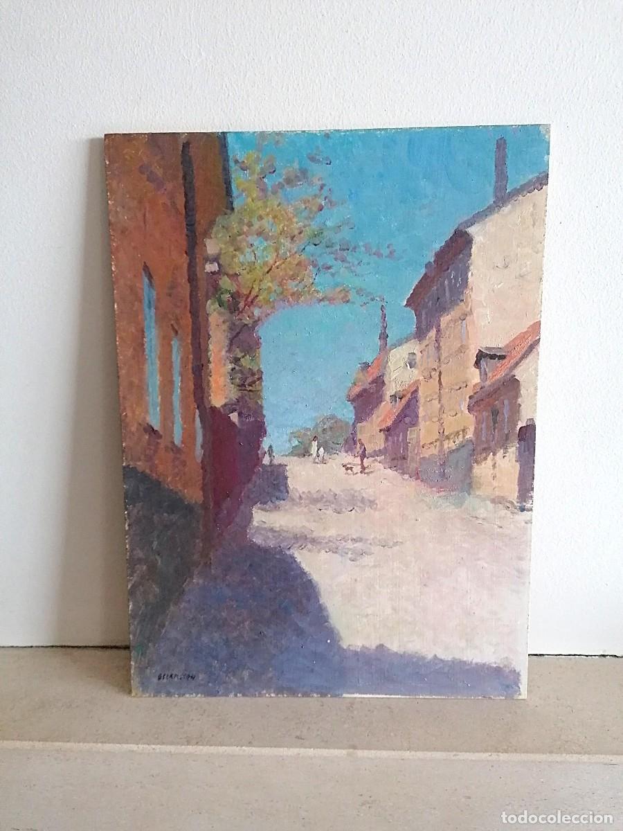 Arte: Bernhard Oscarsson (1894-1971) Suecia pintura al &oacute;leo antigua escena callejera Estocolmo