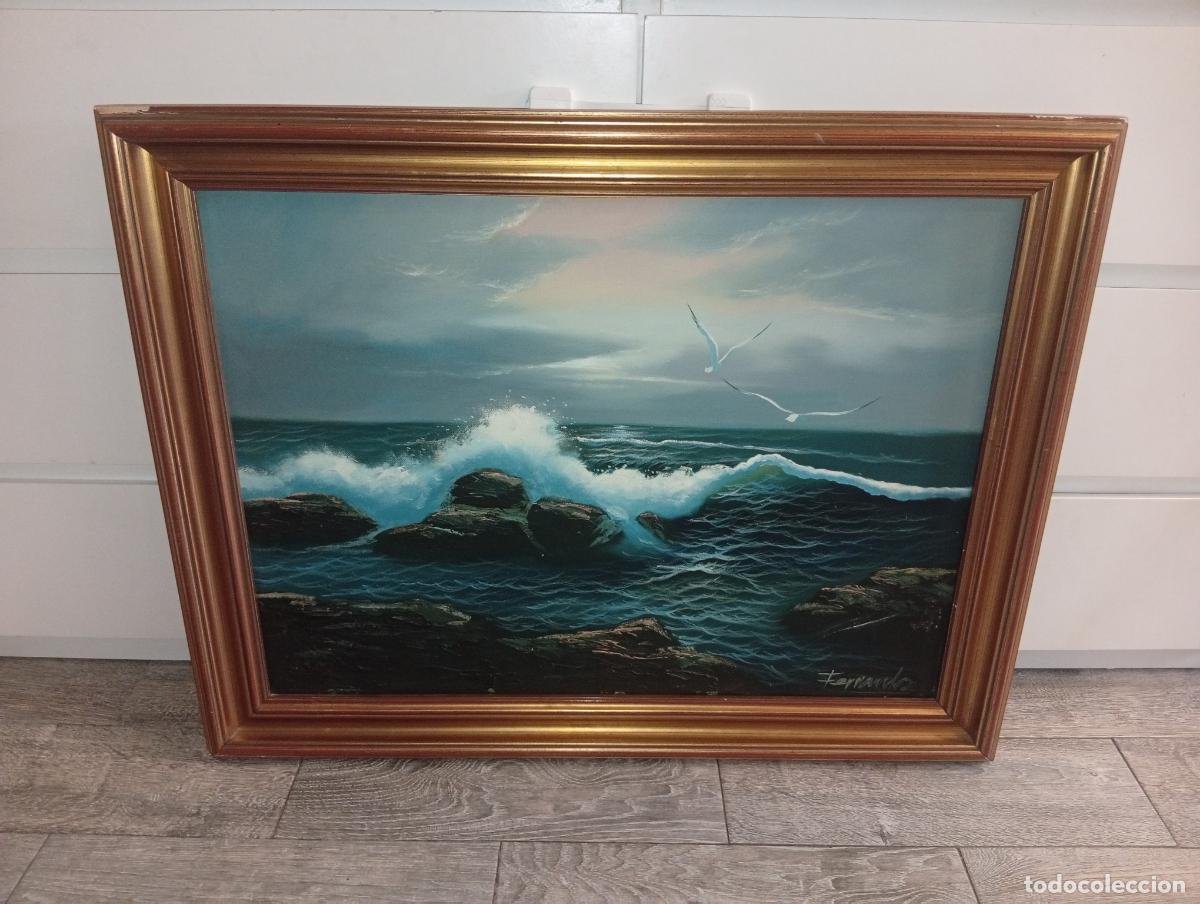Arte: &Oacute;leo sobre lienzo - Gran Marina con Oleaje y Gaviota - Firmado Ferr&aacute;ndiz - 85x66 cm
