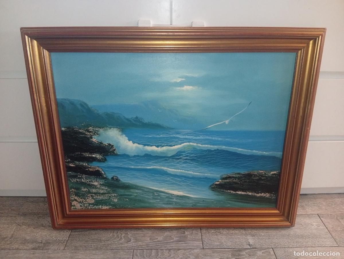 Art: Gran Marina al &Oacute;leo - Paisaje de Costa con Oleaje - Espectacular Marco Dorado al Bol Rojo 85x66