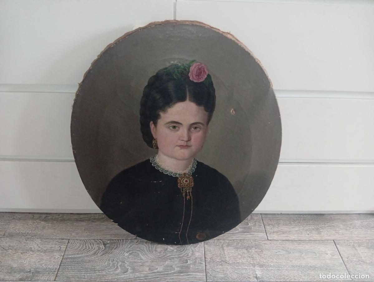 Arte: Antiguo Retrato Dama - &Oacute;leo sobre Lienzo - Siglo XIX - Bastidor Ovalado Original - 69x56 cm