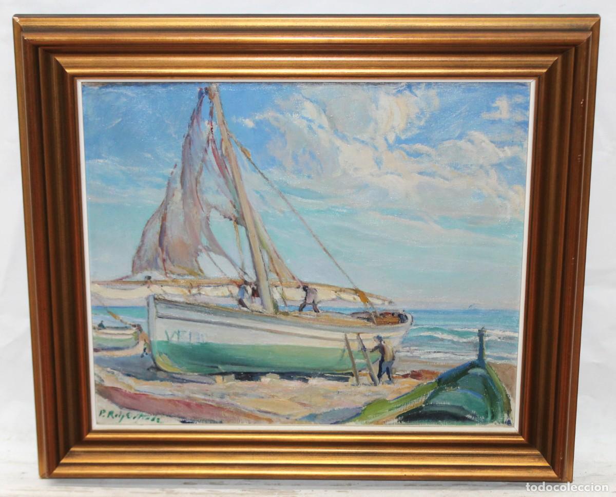 Arte: PAU ROIG ESTRAD&Eacute; (1914 - 1994) OLEO SOBRE TELA. PREPARANDO LA PESCA