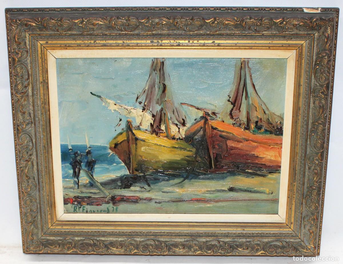 Arte: ROSA PASTO FIGUERAS (XX) OLEO SOBRE TELA. EMBARCACIONES EN REPOSO