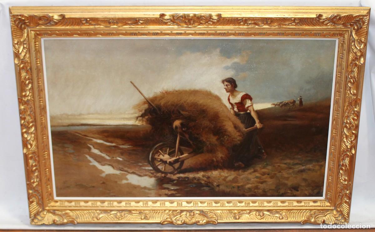 Arte: CRISTOBAL ALANDI (1856 &ndash; 1896) OLEO SOBRE TELA. CAMPESINA CON CARRETA