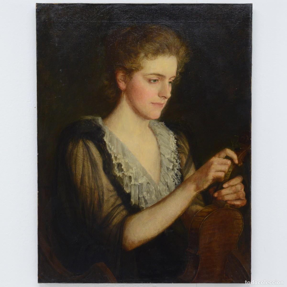 Arte: Late 19th Century Romantic Victorian Portrait Young Woman Violinist Oil Canvas
