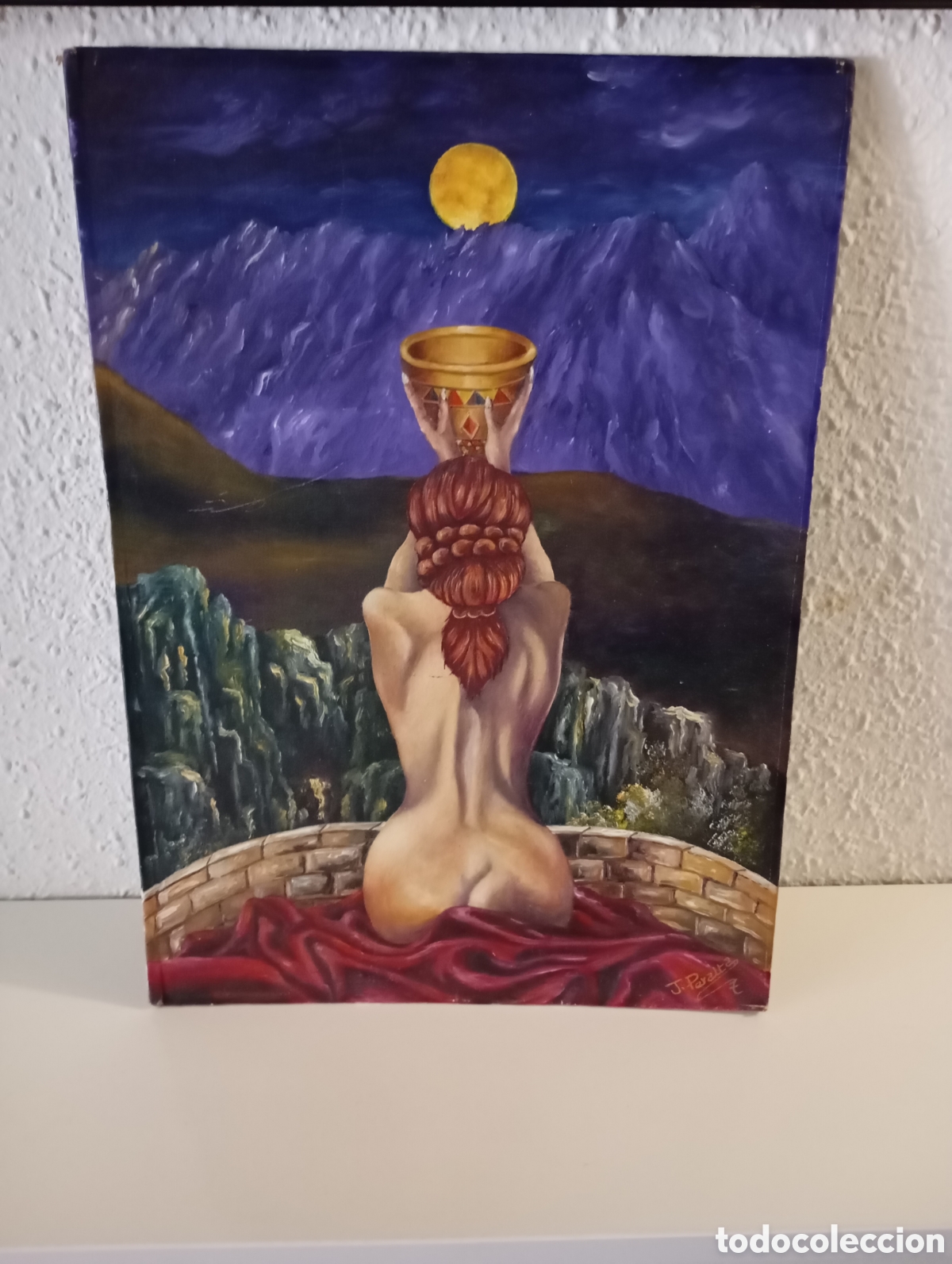Arte: Desnudo femenino esot&eacute;rico &Oacute;leo sobre lienzo J. Peralta c&aacute;liz luna Arte simb&oacute;lico esoterismo on&iacute;rico