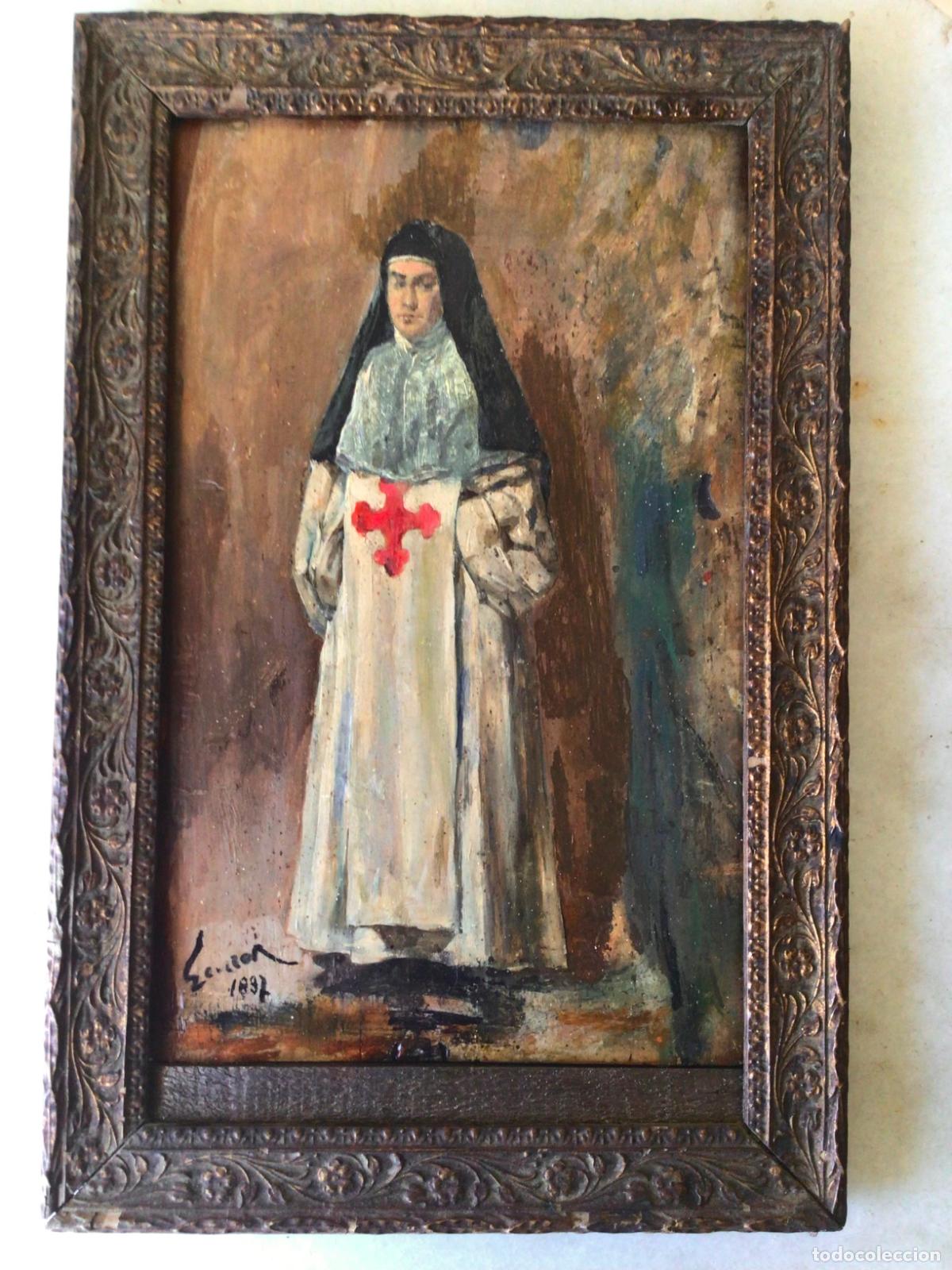 Arte: ANTIGUA PINTURA .UNA MONJA, FIRMADA1 1887 .SIGLO XIX, OLEO SOBRE TABLA