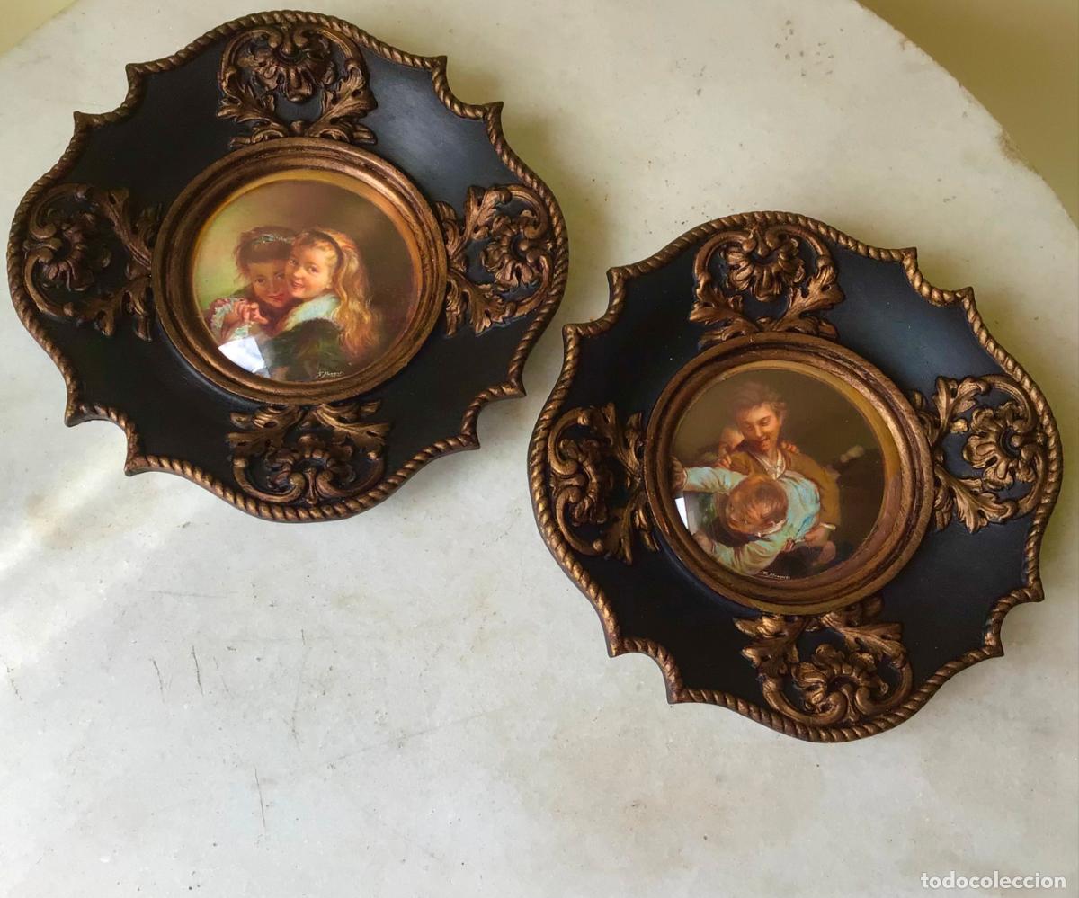 Arte: 2 ANTIGUAS PINTURAS MINIATURA EN TRAMPANTOJO- OLEO SOBRE MADERA - FIRMADAS