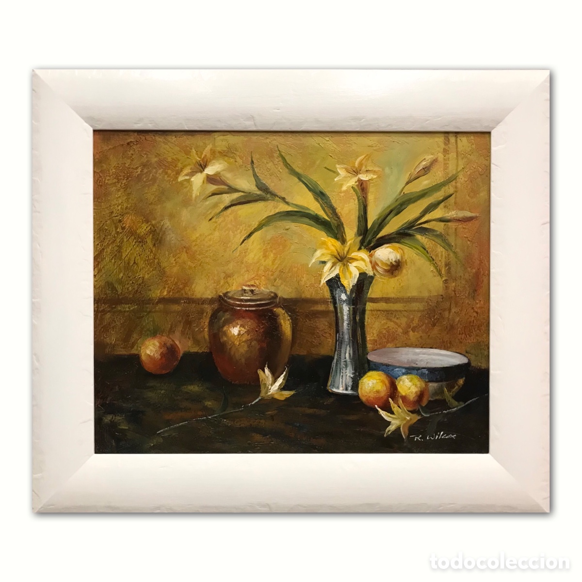 Arte: &ldquo;Bodeg&oacute;n con Azucenas y Cer&aacute;mica&rdquo; R.Wilcox, a&ntilde;os 90 del S.XX, 78x67cm