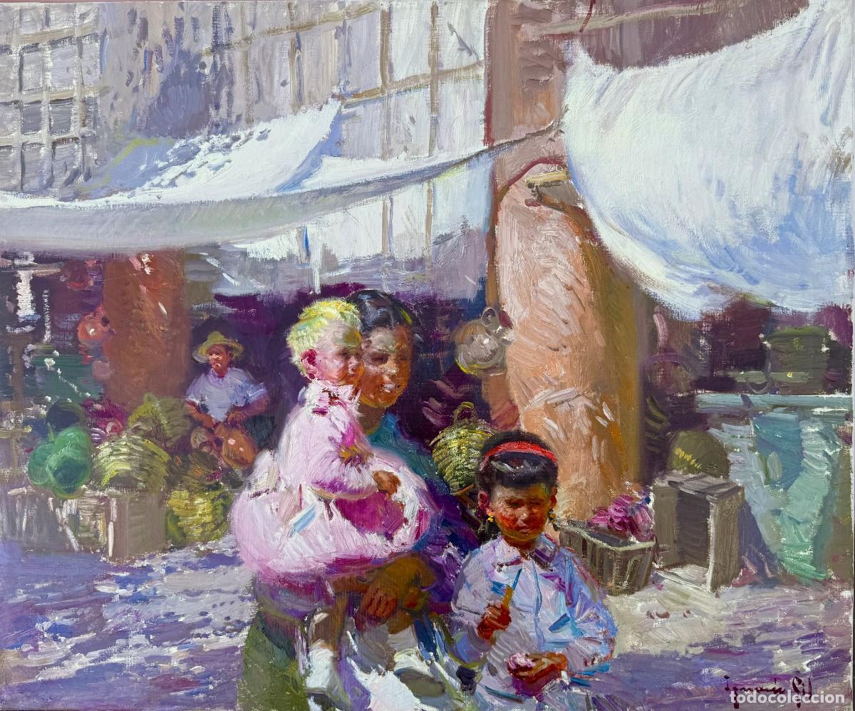 Arte: Ignacio Gil Sala &ndash; Escena costumbrista de Ibiza con ni&ntilde;os &ndash; &Oacute;leo mediterr&aacute;neo 60x73 cm