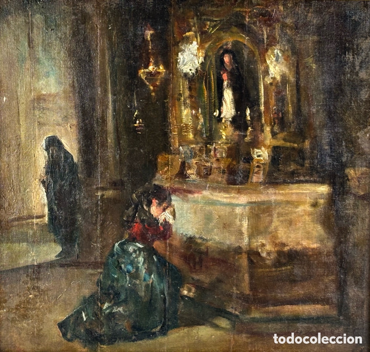 Art: ESCUELA CATALANA - CHICA LLORANDO EN EL ALTAR - OLEO TELA - MARCOS PETRITXOL