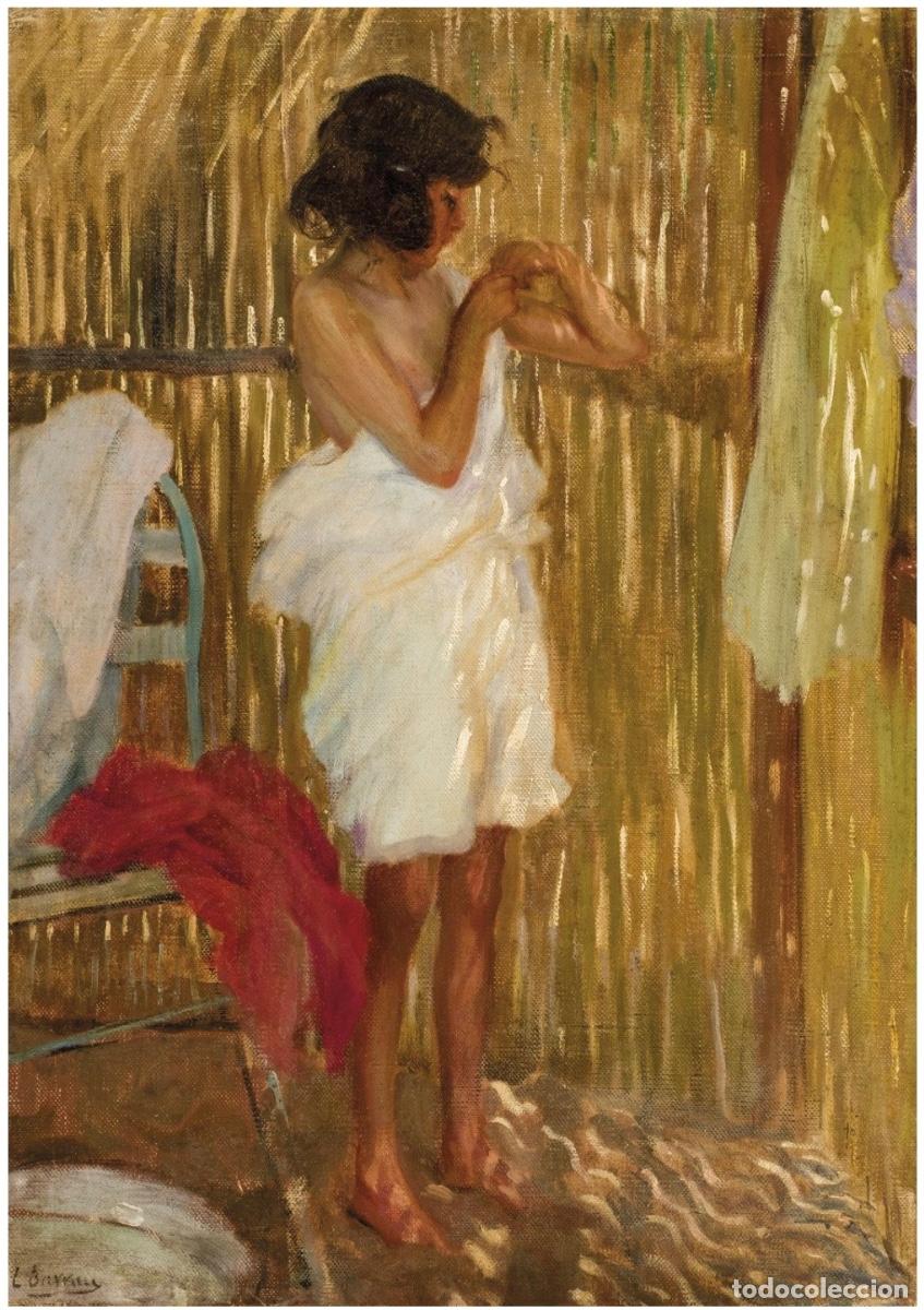 Arte: Cuadro oleo/lienzo de Laureano Barrau, joven cambi&aacute;ndose en la playa