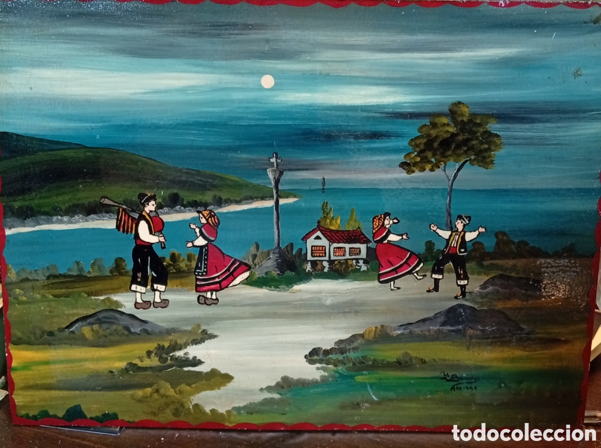 Arte: Preciosa Pintura gallega decorativa oleo firmado a identificar y datado 1956