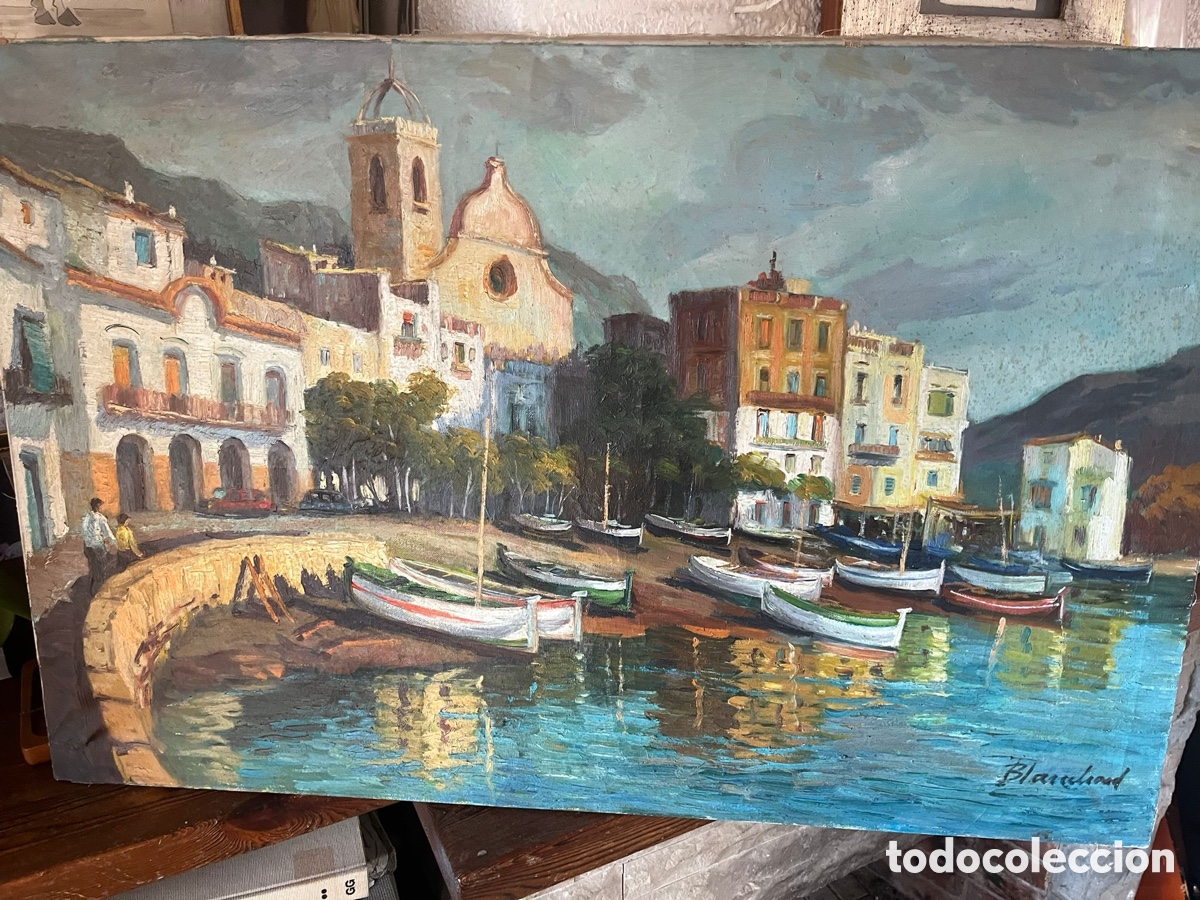 Arte: Puerto con barcas d pescadores firmado blanchard