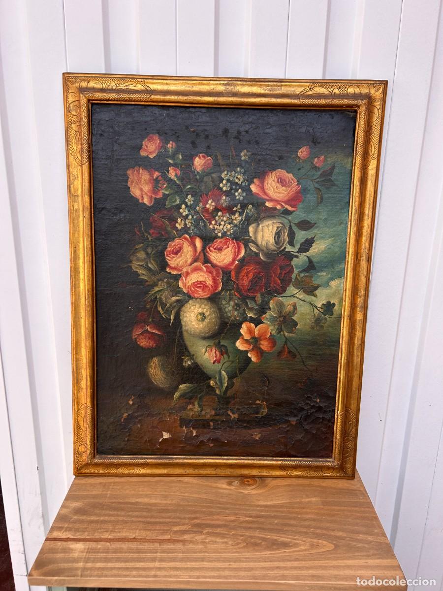 Arte: &Oacute;leo antiguo Flores con marco 80x59cm