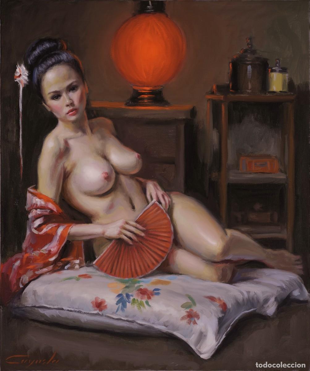 Arte: EL FAROLILLO ROJO. A. CAYUELA. DESNUDO AL OLEO ORIGINAL SOBRE LIENZO 55X46 CM