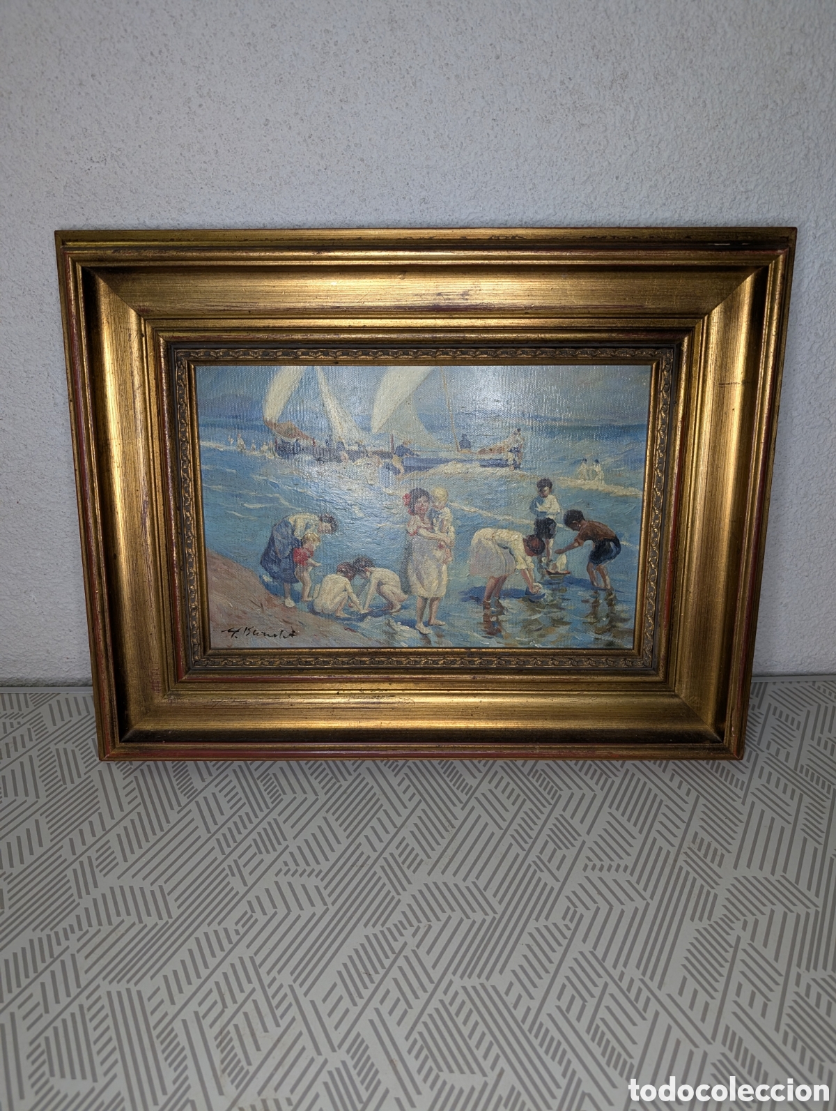 Arte: &Oacute;leo sobre lienzo escena playa ni&ntilde;os firmado F. Bernard marco dorado vintage