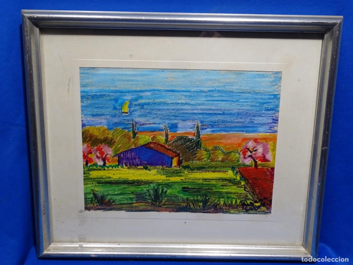 Arte: COLORIDO OLEO SOBRE CARTULINA DE FIRMA ILEGIBLE. PAISAJE CON MAR.