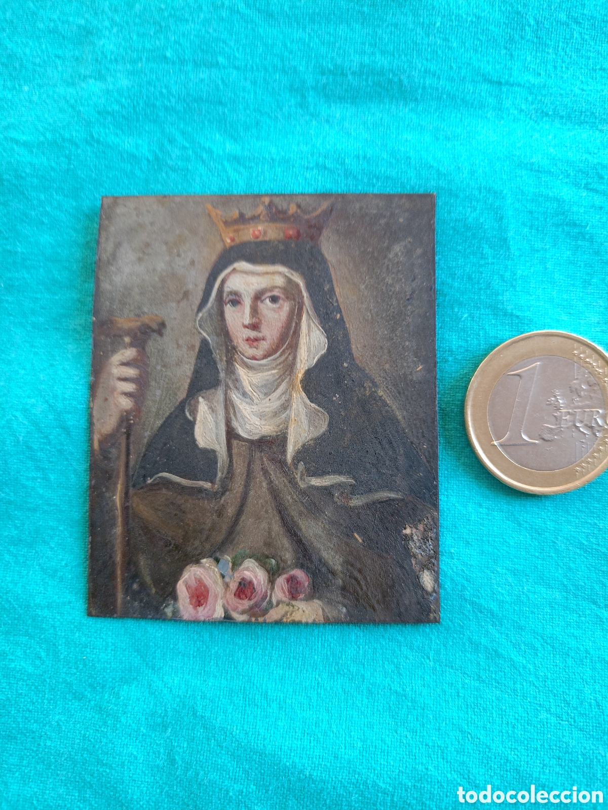 Arte: MINIATURA SANTA ISABEL DE HUNGR&Iacute;A Y CABALLERO. &Oacute;LEO SOBRE CHAPA DE PLATA.