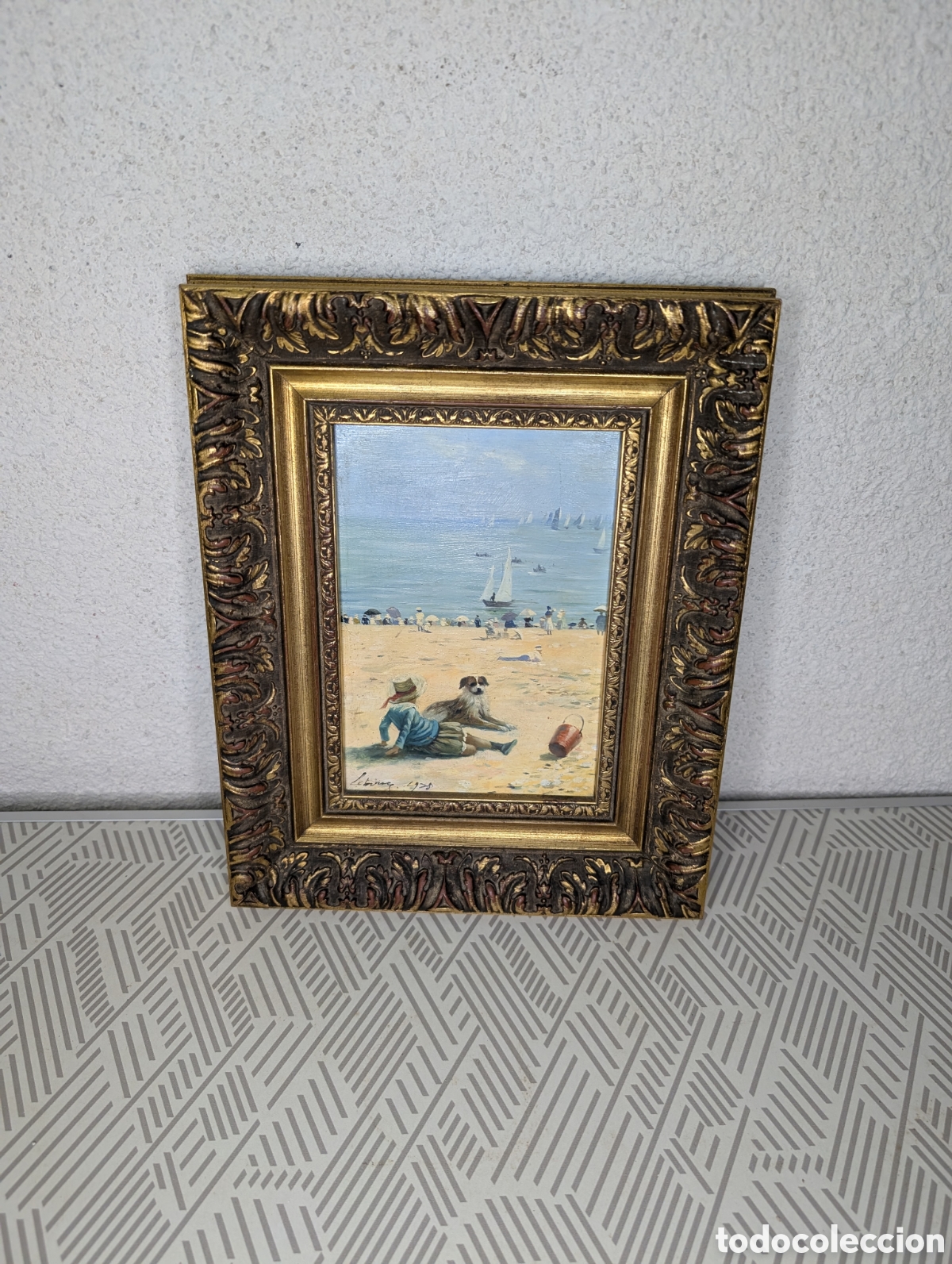Arte: Cuadro vintage peque&ntilde;o escena de playa con marco dorado cl&aacute;sico