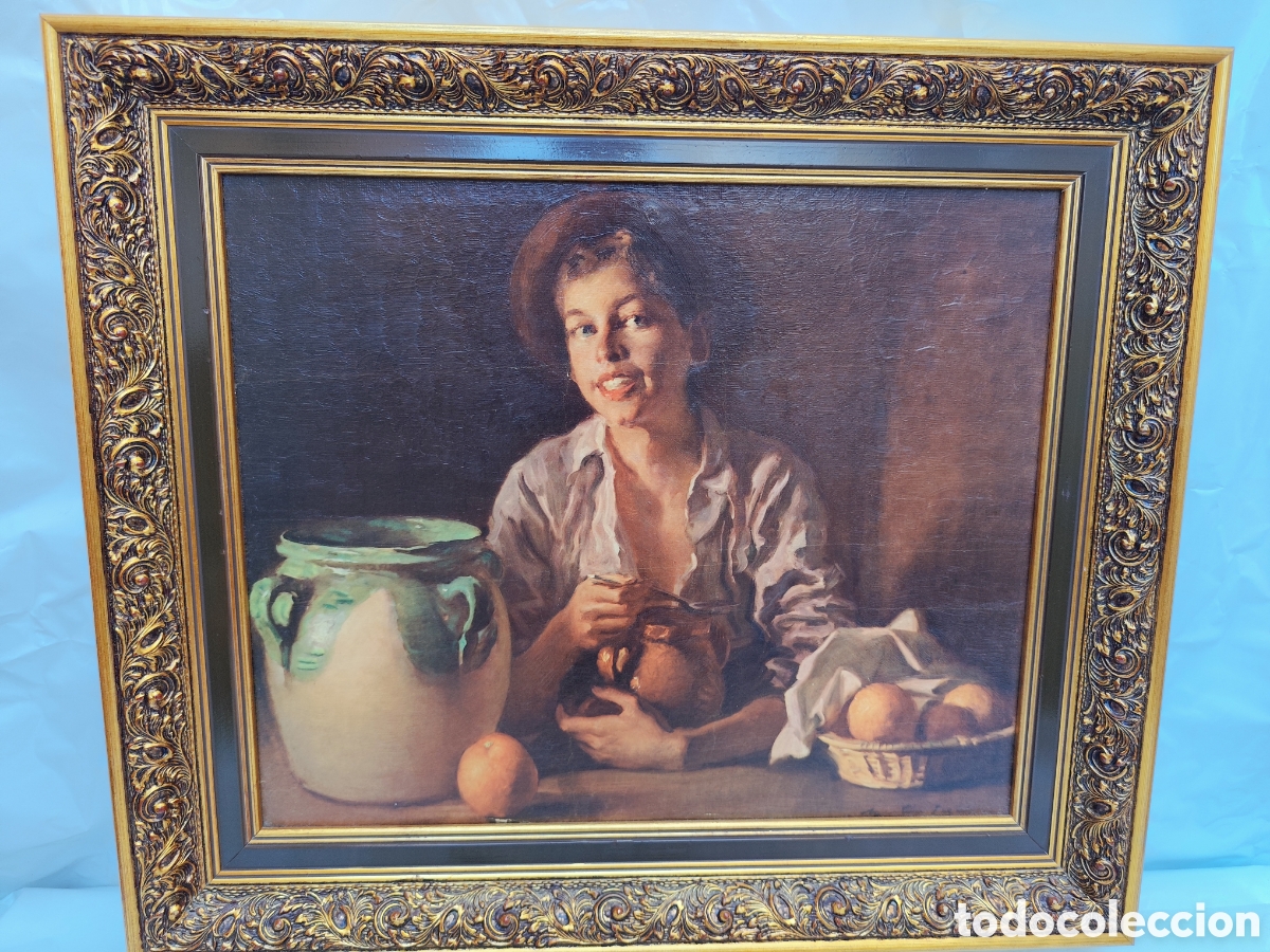 Arte: &Oacute;leo sobre tabla estilo Vel&aacute;zquez - &rdquo;Muchacha con jarra&rdquo; - Marco caoba y oro