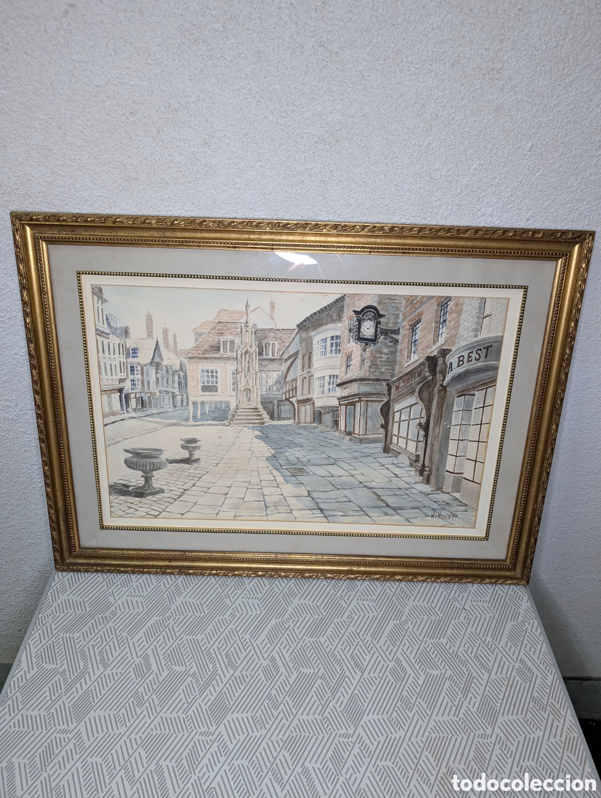 Arte: Cuadro vintage acuarela ciudad europea firmado Wettman 77 marco dorado grande