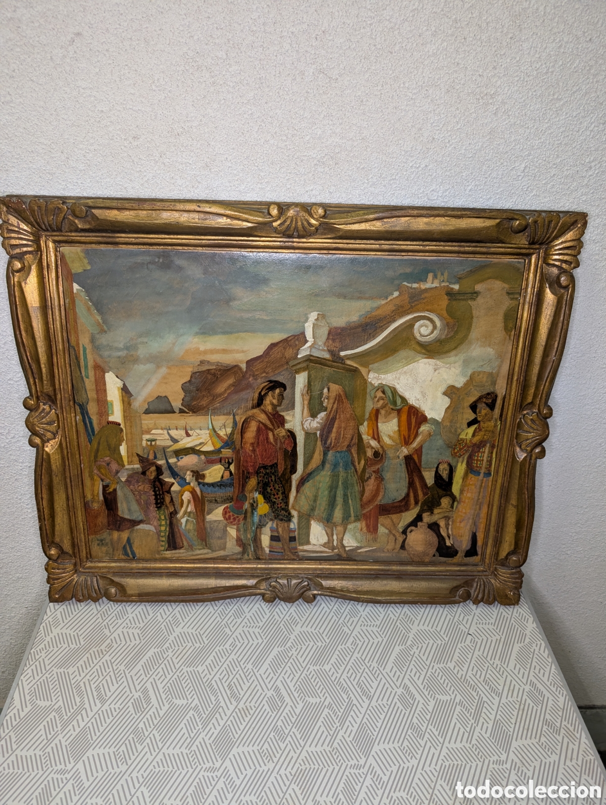 Arte: Cuadro vintage escena costumbrista mediterr&aacute;nea marco dorado tallado 61x75