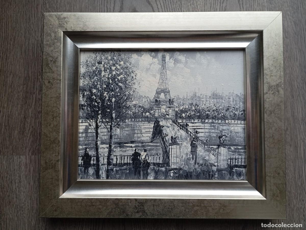Arte: Cuadro al &oacute;leo de Par&iacute;s - Torre Eiffel - Firmado Burnett - Con Marco Plateado