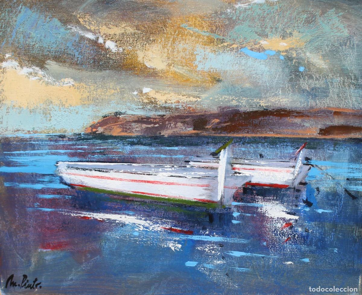 Arte: MANUEL DOBLAS PINTO (Malaga, 1957) OLEO SOBRE TELA TITULADO BARCAS. 38 X 46 CM.
