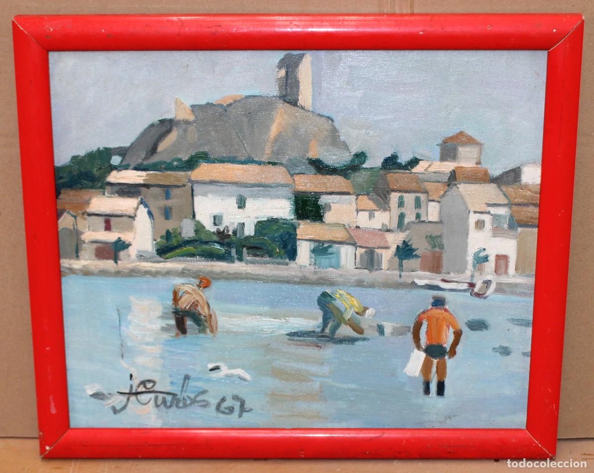 Arte: JORDI CUR&Oacute;S VENTURA (1930 - 2017) OLEO SOBRE TELA DEL A&Ntilde;O 1967. PUEBLO COSTERO FRANCES