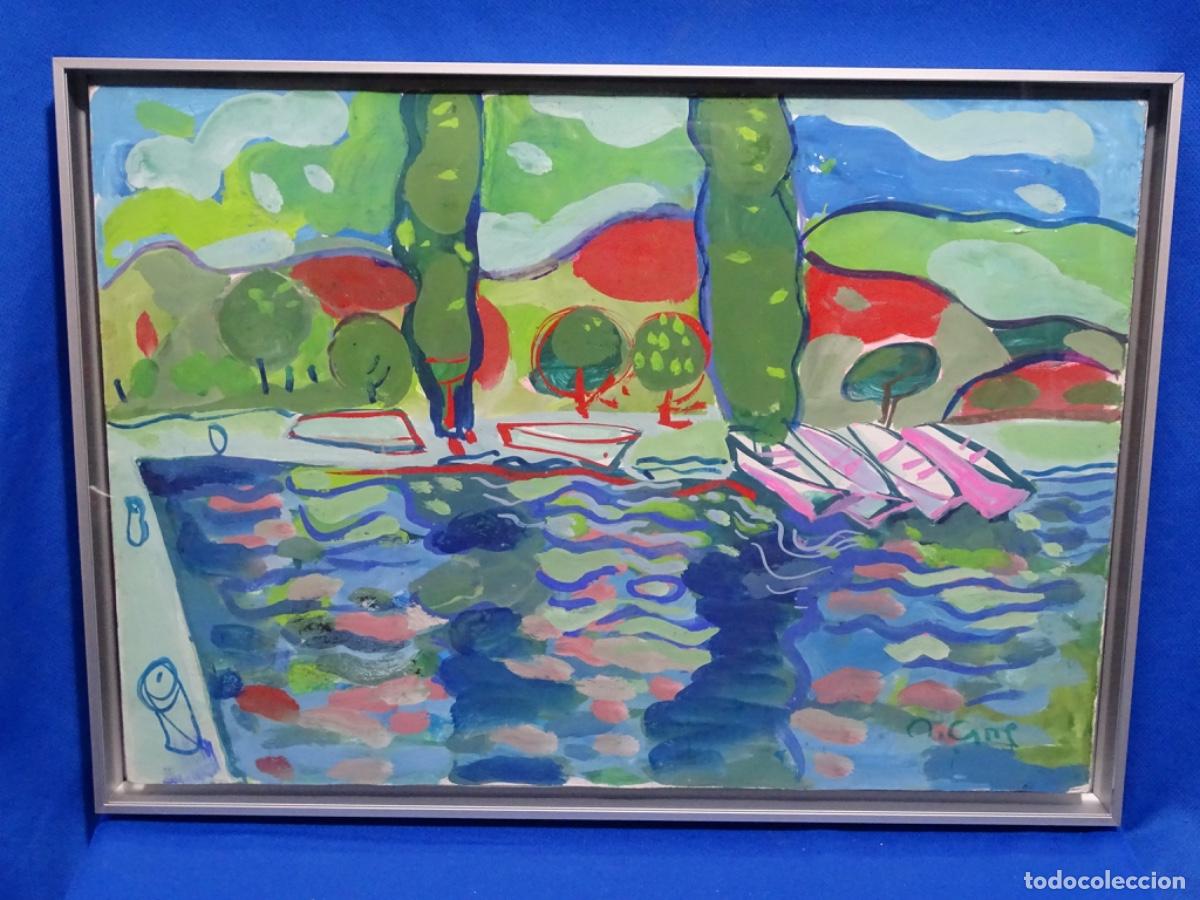 Arte: &Oacute;LEO GOUACHE ILEGIBLE. ESTILO PERSONAL DE GRAN COLORIDO. PLAYA CON BARCAS.