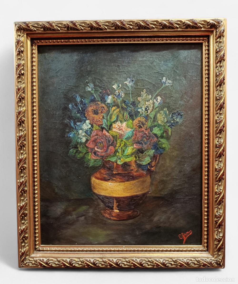Arte: &Oacute;leo sobre lienzo &ndash; Bodeg&oacute;n floral con jarr&oacute;n &ndash; Pintura vintage firmada (firma ilegible) &ndash; Enmarcado