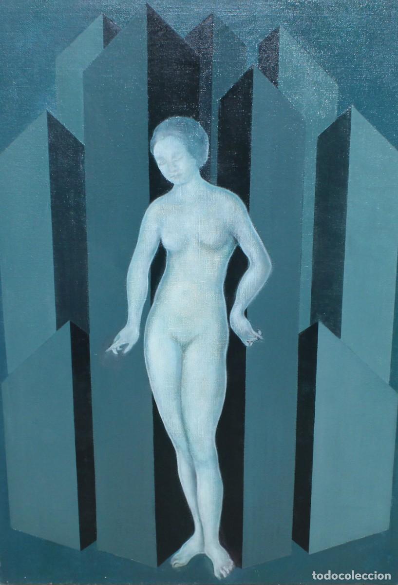 Arte: ISABEL CID (Barcelona, 1934-2009) OLEO SOBRE TELA TITULADO LUCRECIA EN LA CIUDAD. 140 X 100 CM.
