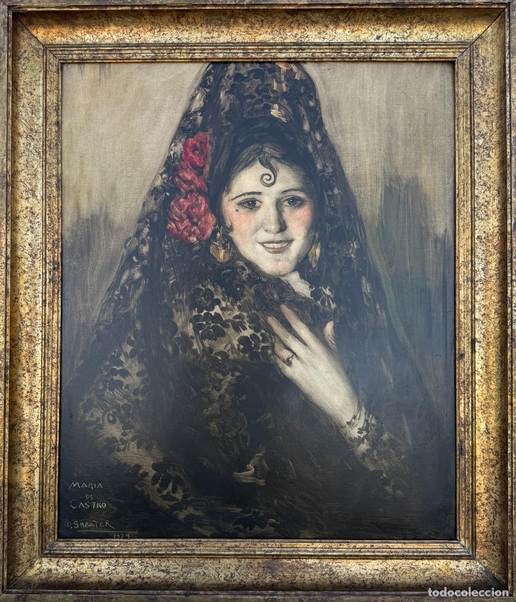 Arte: Daniel Sabater Salabert Retrato dama valenciana mantilla negra clavel rojo &oacute;leo 1929 firmado
