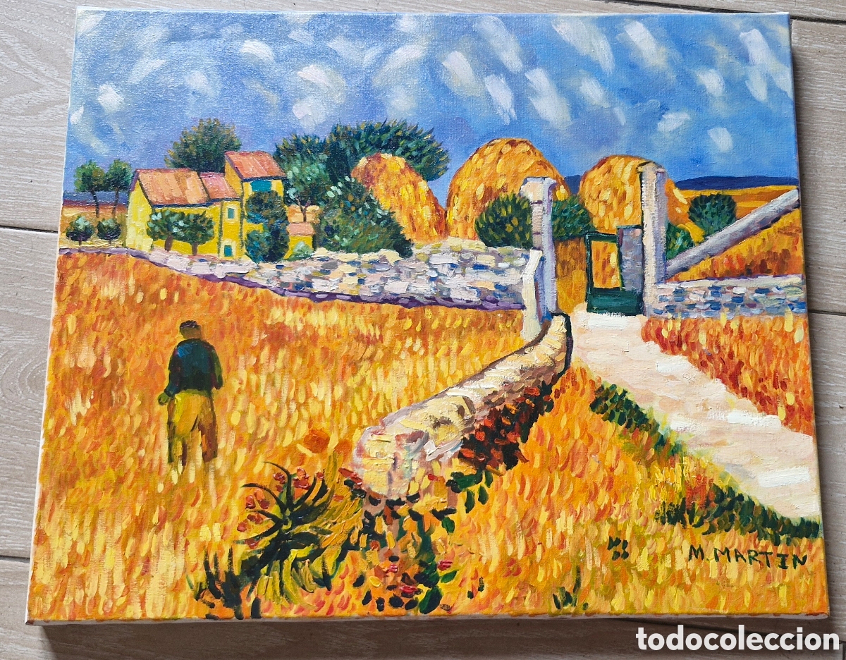 Arte: Pintura al &oacute;leo de una escena rural en Provenza, firmada por M. Martin.