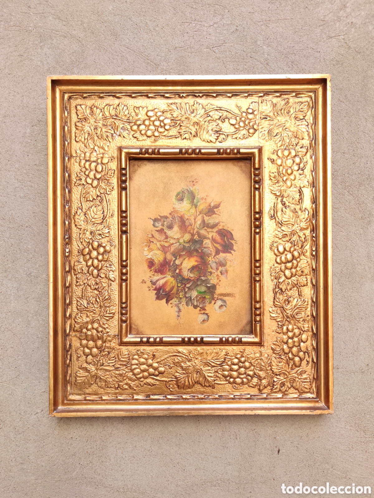 Arte: &Oacute;leo sobre tabla marco madera tallada y pan de oro M&eacute;xico c. 1970