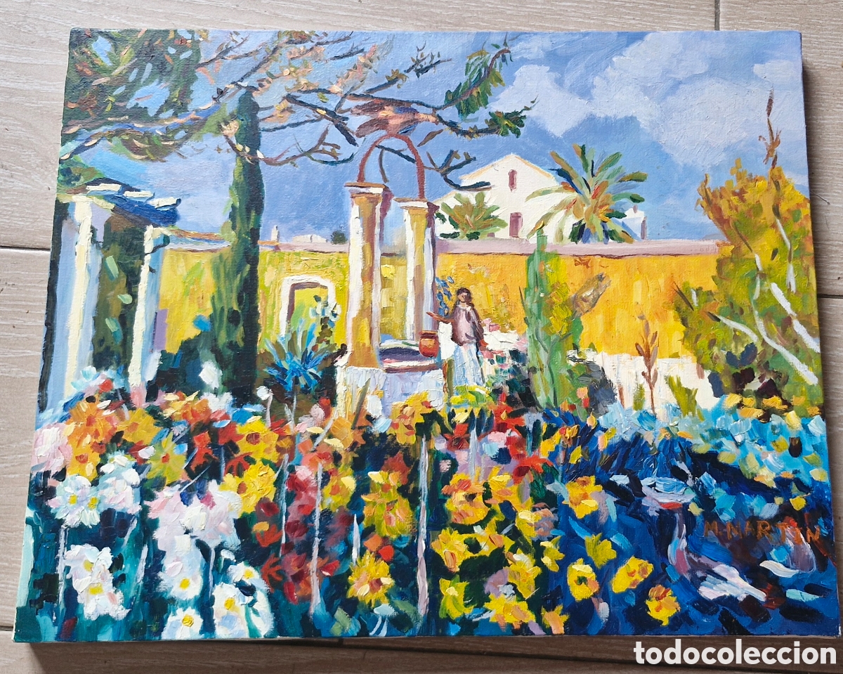Arte: Pintura original El jard&iacute;n de la casa Mir firmada por M. Martin.