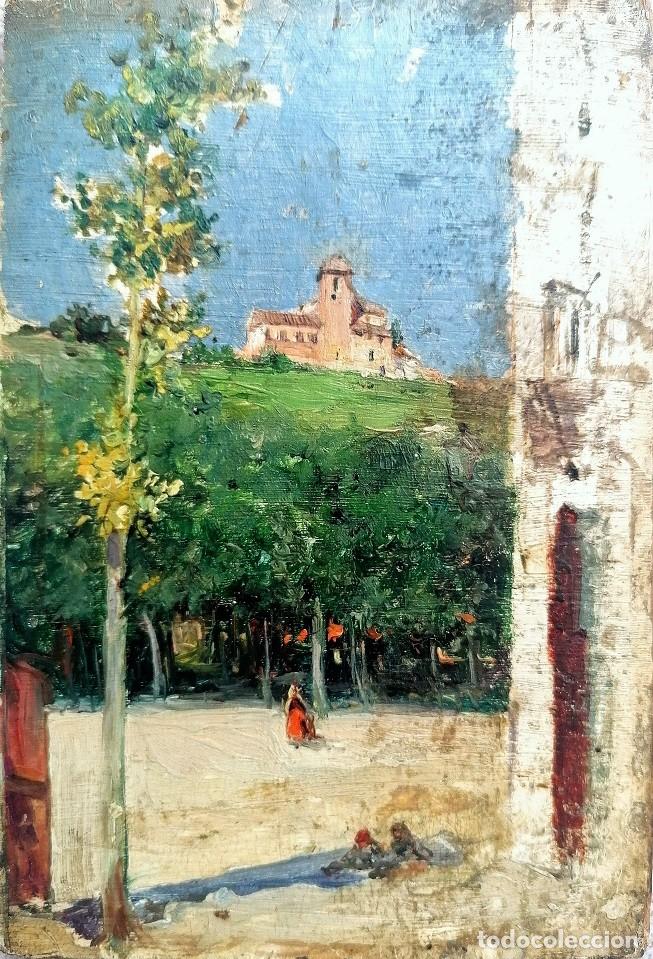 Arte: Casimiro Sainz (1853&ndash;1898), &oacute;leo/tabla 16 x 12 cm. Paisaje c&aacute;ntabro con iglesia, hacia 1875.