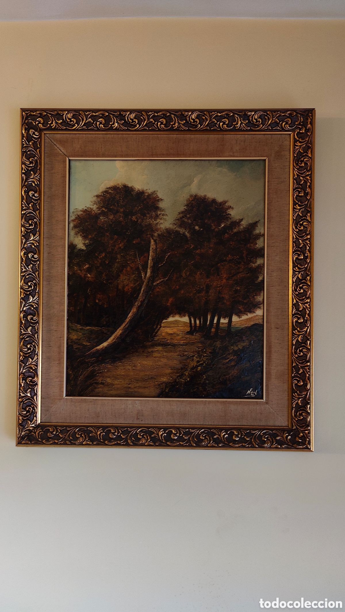 Arte: &Oacute;leo sobre lienzo paisaje con marco cl&aacute;sico tallado (75x84 cm)