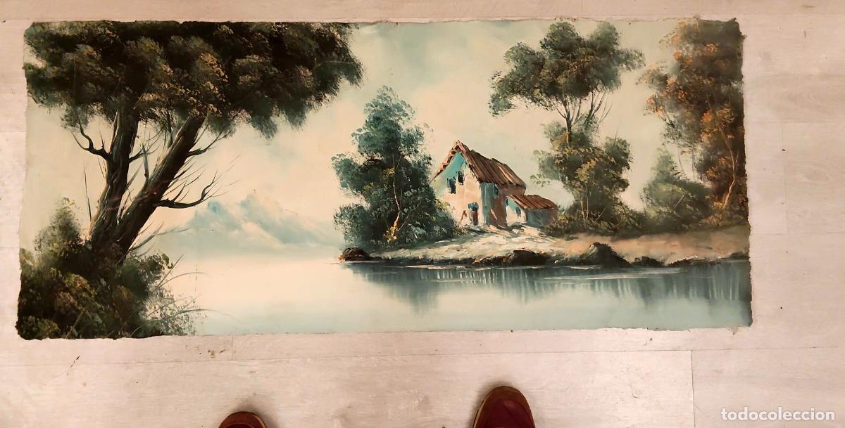 Arte: Muy antigua Preciosa pintura al &oacute;leo que representa un caser&iacute;o junto a un lago - sin enmarcar