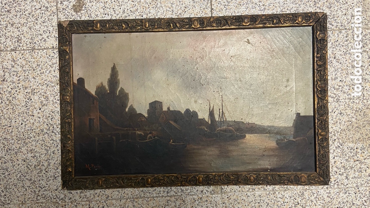 Arte: &Oacute;leo original firmado M. Peris &ndash; Paisaje portuario &ndash; Marco tallado antiguo