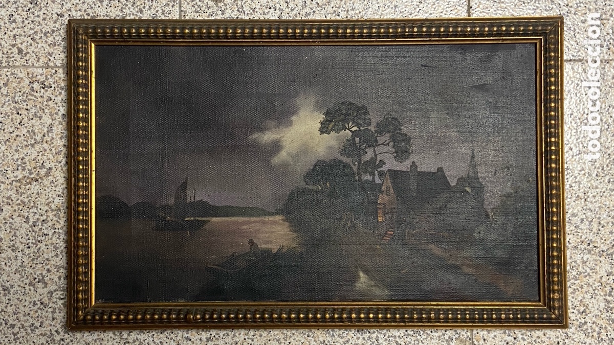 Arte: Cuadro paisaje rom&aacute;ntico &aacute;rboles y arquitectura cl&aacute;sica &ndash; &Oacute;leo sobre lienzo &ndash; Marco dorado antiguo