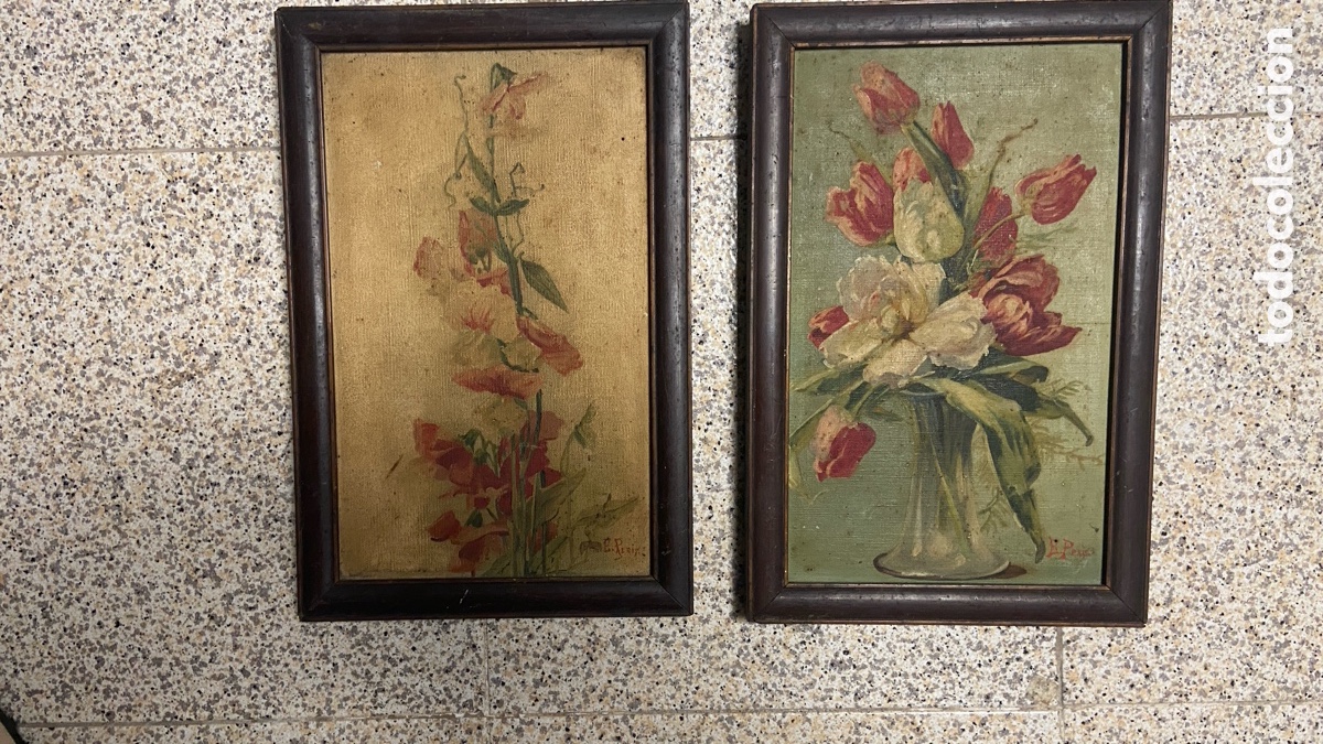 Arte: Pareja de cuadros florales vintage firmados