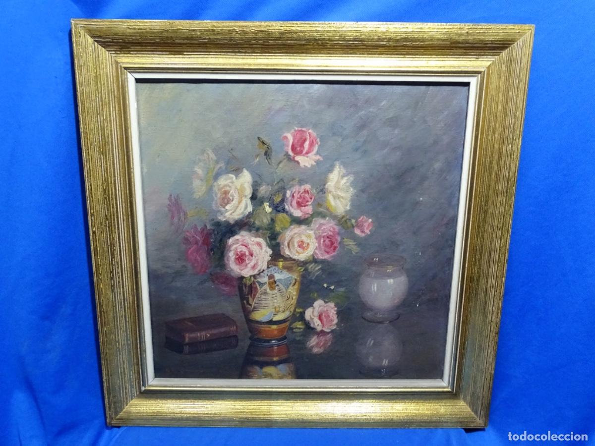 Arte: &Oacute;LEO SOBRE TELA FIRMADO R. DE MIRAVENT. BODEGON FLORES. DOMINIO LUZ Y REFLEJO.